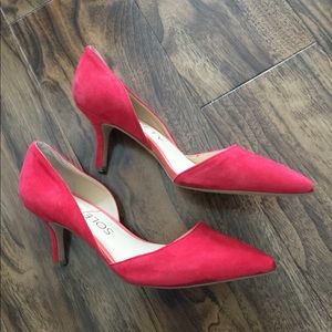 Red faux suede shoes
